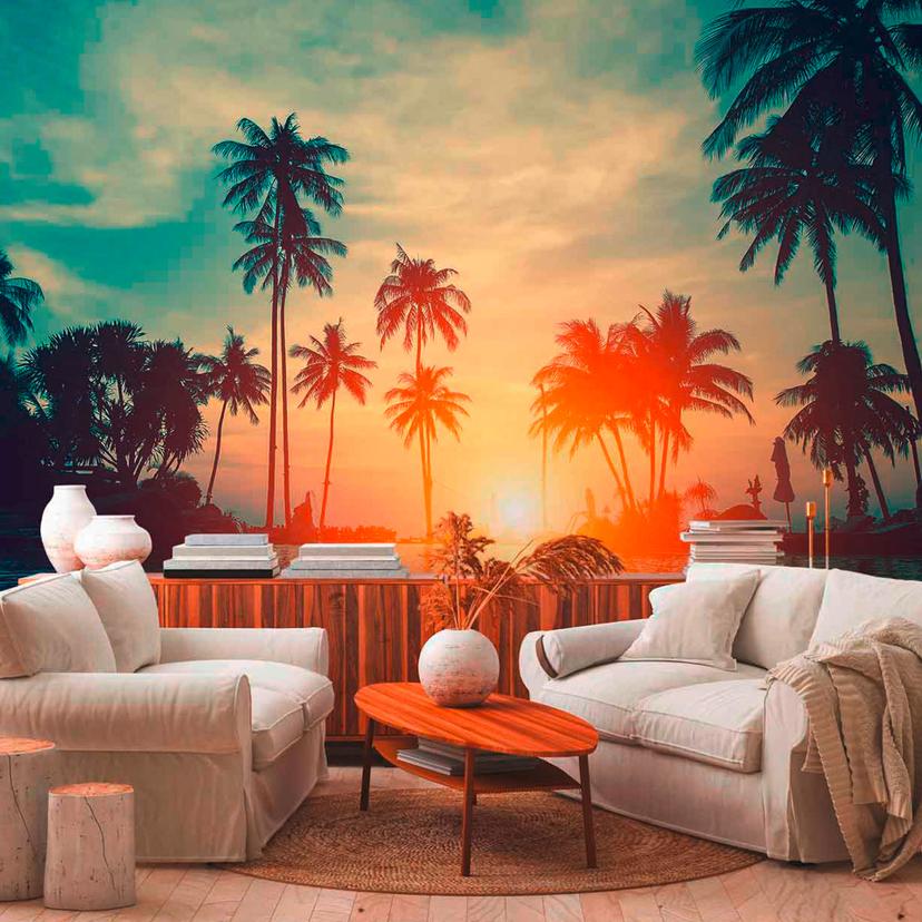 Sunset&Palms palmetræer tapet i turkis sort - non-woven tapet Designwalls 2 - 2,55 x 3,5 m