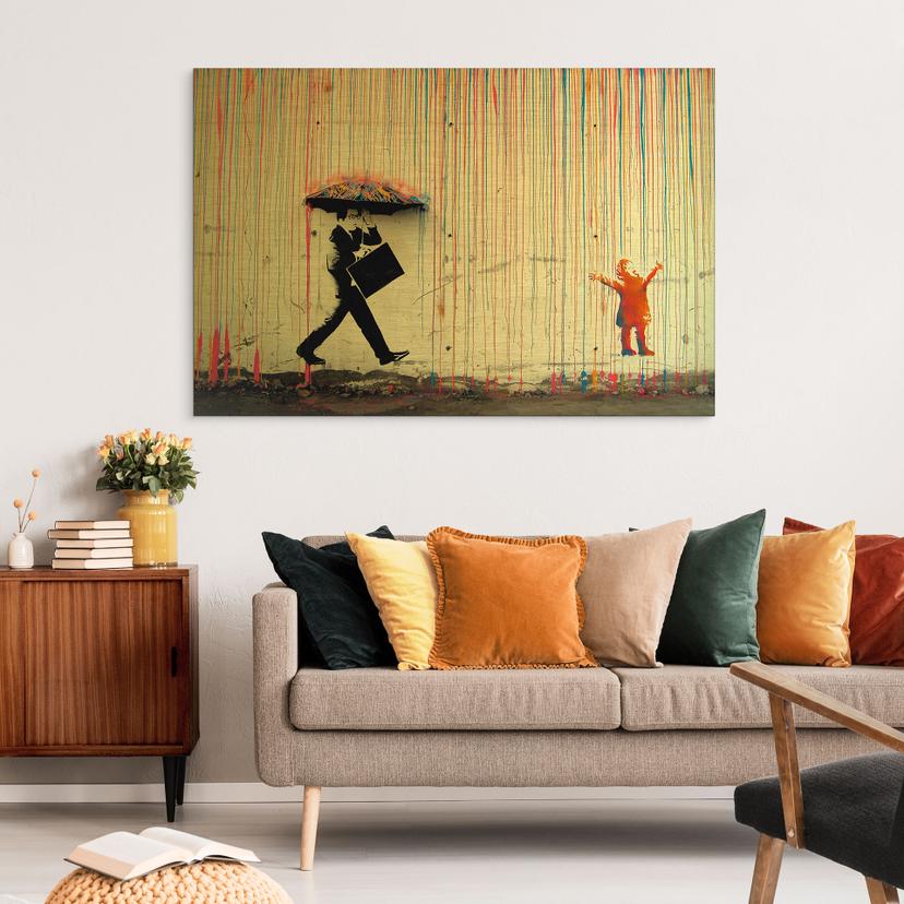 Alu-Dibond spazzolato con Effetto Oro, Argento e Rame - Coloured Rain - Banksy
