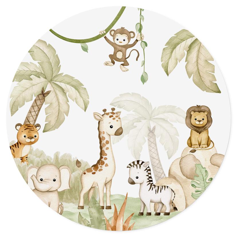 Wandtattoo Babyzimmer - Oliver Robins - Niedliche Tiere unter Palmen - Rund