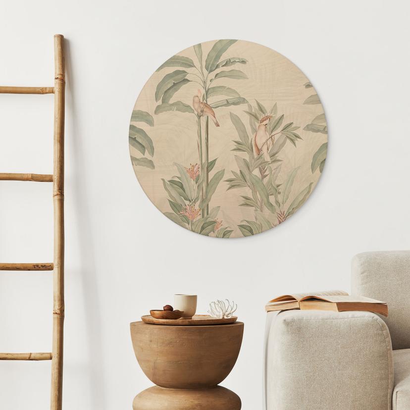 Stampa su legno Foresta tropicale con cacatua - Decorazione floreale - Rotondo