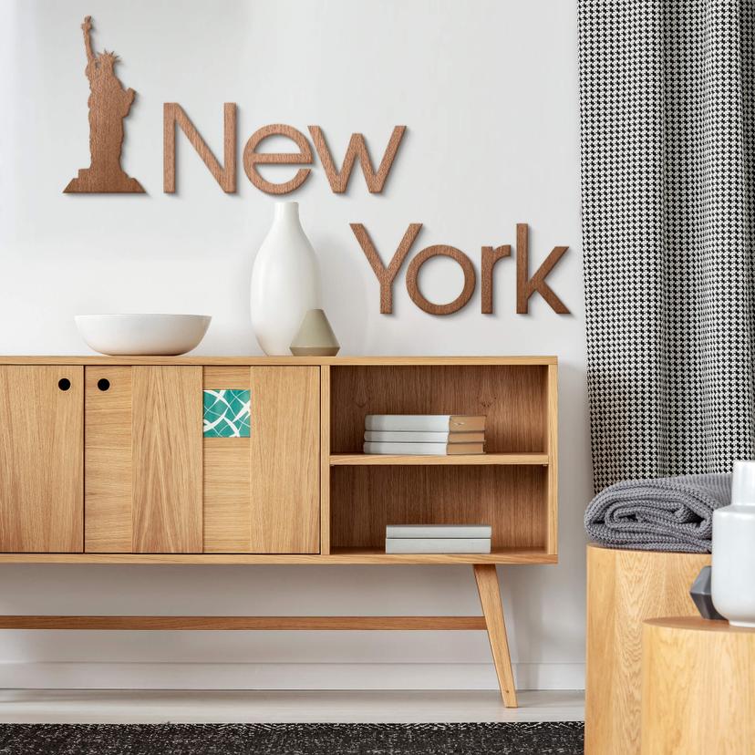 Arte en madera de caoba - letras de Nueva York con la Estatua de la Libertad