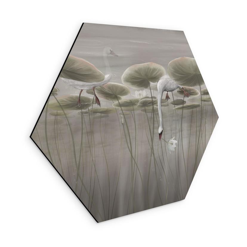 Zeshoek Wanddecoratie lotusbloemen met zwaan in water in grijs - Ms Tiff - Alu-Dibond