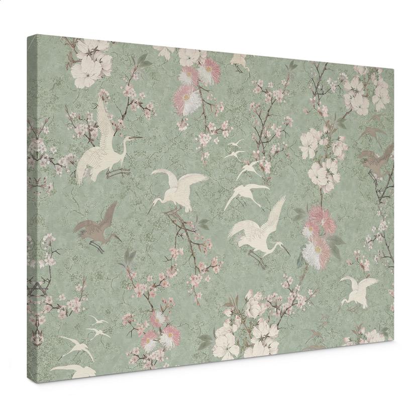 Lienzo Grullas en Flor de Cerezo Verde Rush - Bloomery Decor