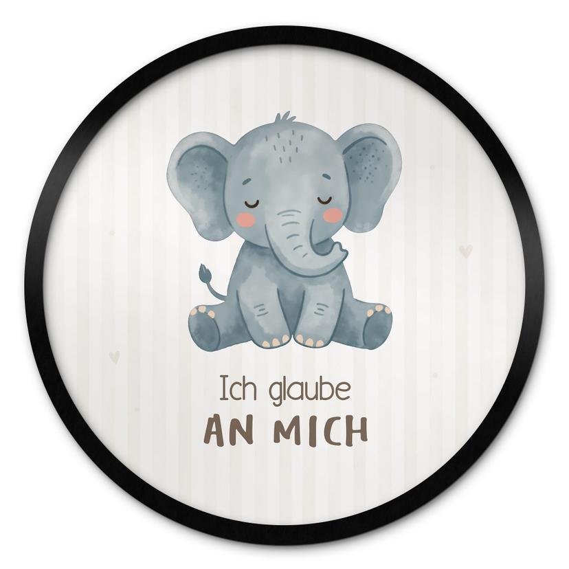 Rundes Affirmationsposter mit Elefant - 'Ich glaube an mich' für Kinder