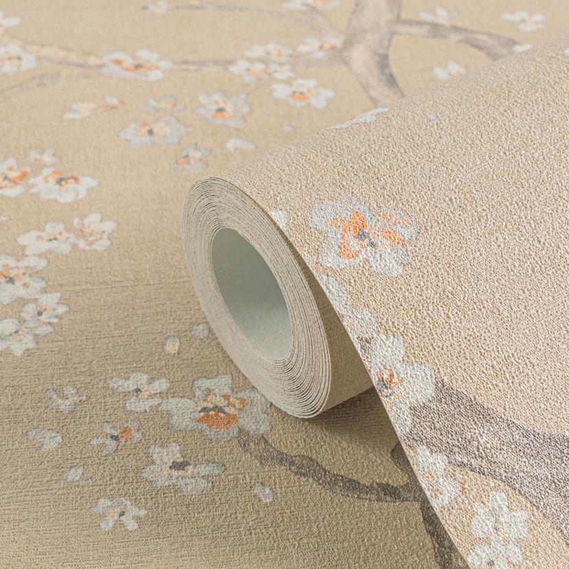 Papel pintado rama de cerezo beige blanco naranja - Papel pintado no tejido con flores de cerezo