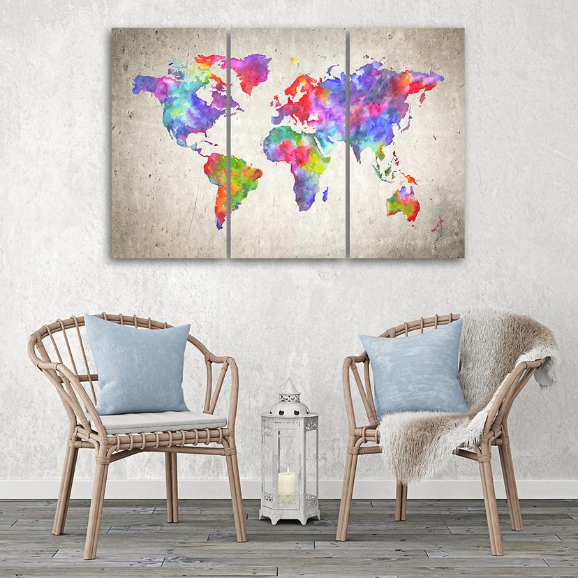 Stampa su tela 3 pezzi, mappa del mondo colorata
