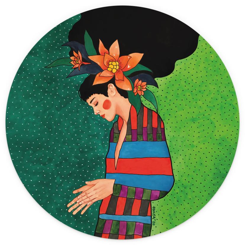 Fotomurale Donna in abito a righe con fiori arancioni - Hülya - Rotondo - Autoadesivo/non tessuto