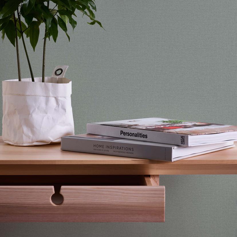 tapet grøn ensfarvet stof-optik - moderne non-woven tapet køkken
