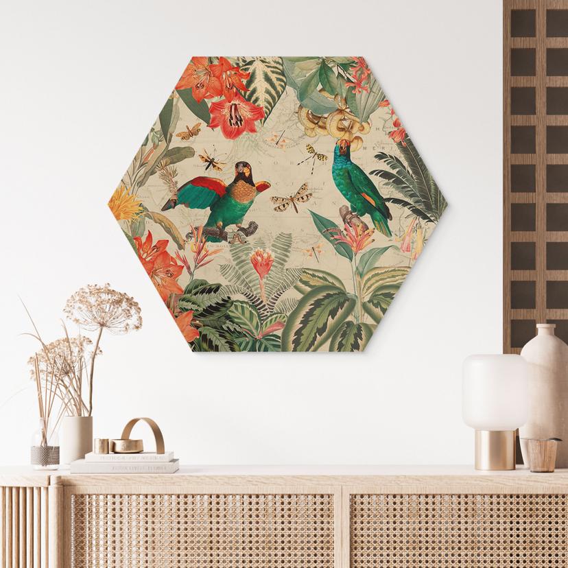 Esagono in legno Giungla esotica con pappagalli - UN Designs