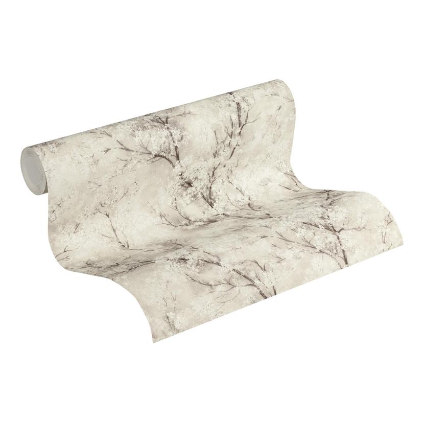 Papel pintado tejido-no tejido Livingwalls New Walls Cosy & Relax papel pintado floral con flores de cerezo crema, gris, blanco