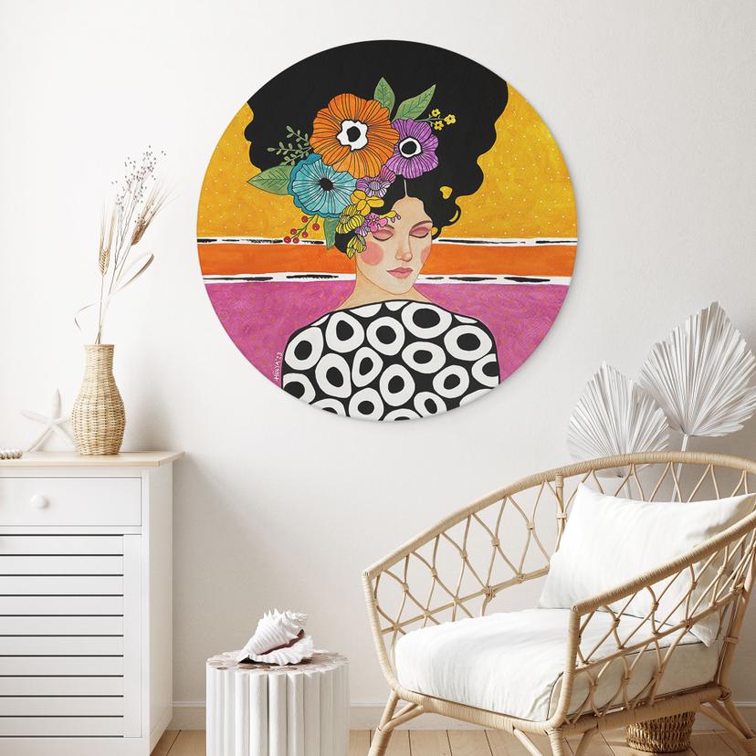 Stampe per pareti Donna con corona di fiori colorati - Hülya - Alu-Dibond Round