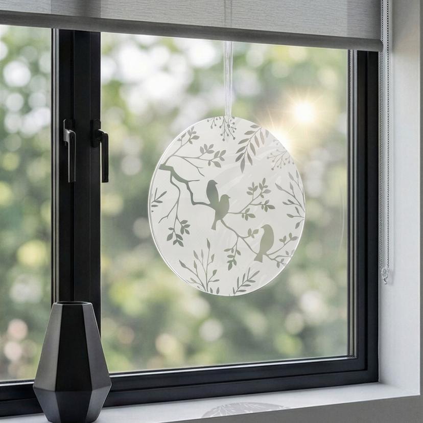 Akrylbillede, vinduesbillede til at hænge fugle mellem blomstergrene - rund