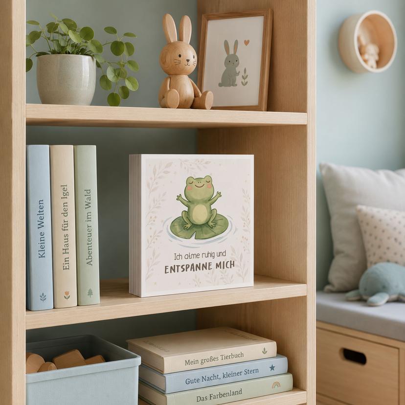Holzbild zum Hinstellen - Frosch mit Mutmachspruch 'Ich atme ruhig'