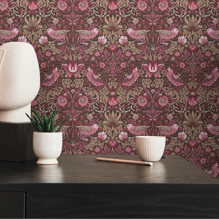 Papier peint intissé avec motif à fleurs Violet Rouge - papier peint oiseaux avec animaux