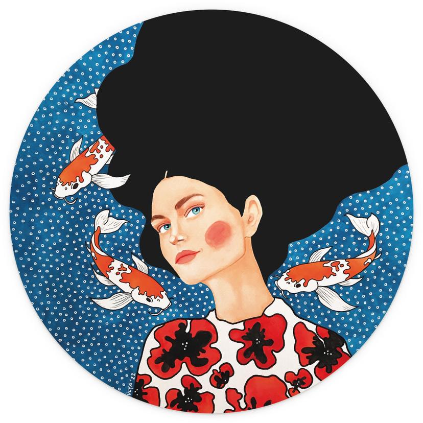 Fotomurale Donna in abito floreale con koi - Hülya - Rotondo - autoadesivo/non tessuto