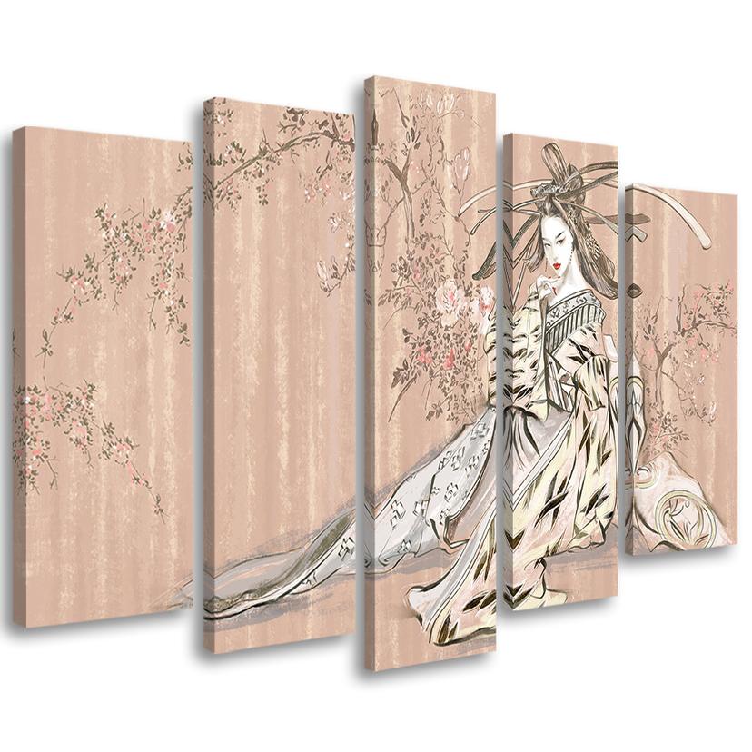 5 stykke lærredstryk, traditionel japansk geisha