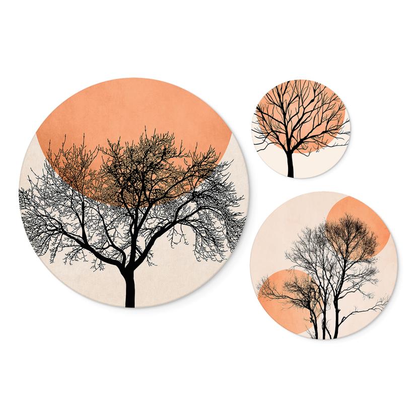Tableau sur alu-Dibond rond Set Kubistika - Coucher de soleil chaud dans des couleurs pêche (3 pièce