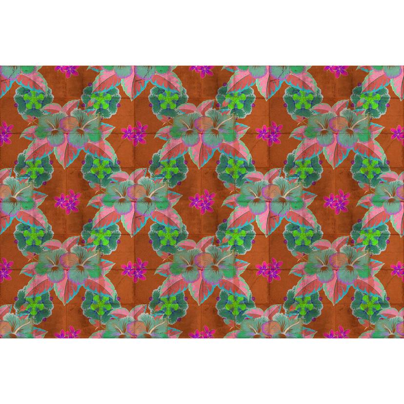 Carta da parati con fiori tropicali - turchese e rosa su terracotta - tessuto non tessuto