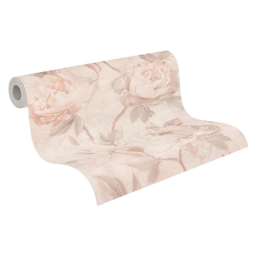 Papel pintado floral peonias albaricoque beige - Papel pintado no tejido de aspecto vintage mate