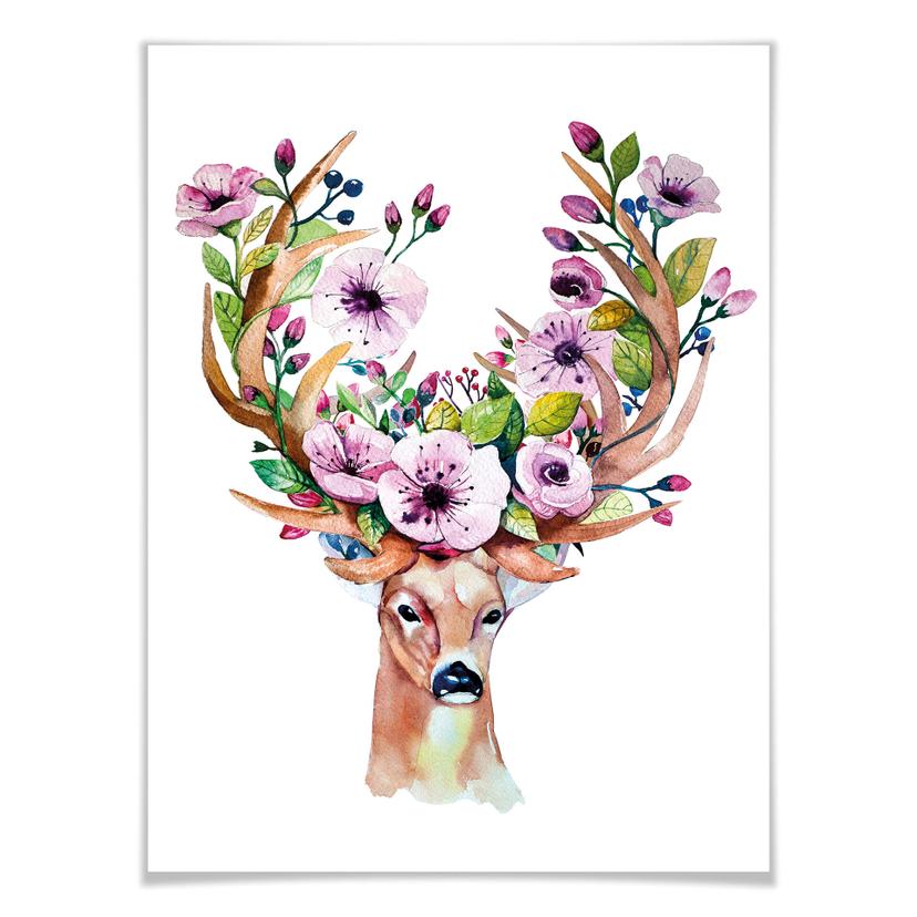 Poster Kvilis - Cerf et fleurs roses