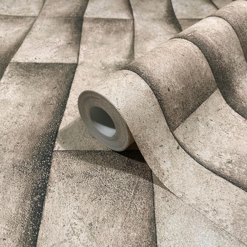 Non-woven tapet i beige gips look illusion 3D look ränder modern industriell look