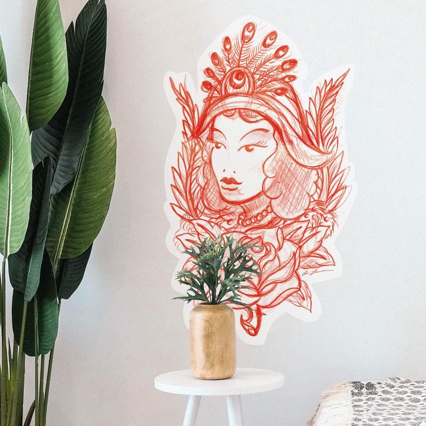 Sticker mural - Miami Ink - Femme et plume de paon
