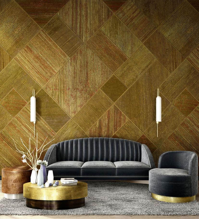 Fotomurale con motivo Campione geometrico di prodotto in look oro 3,4 x 3,18 m