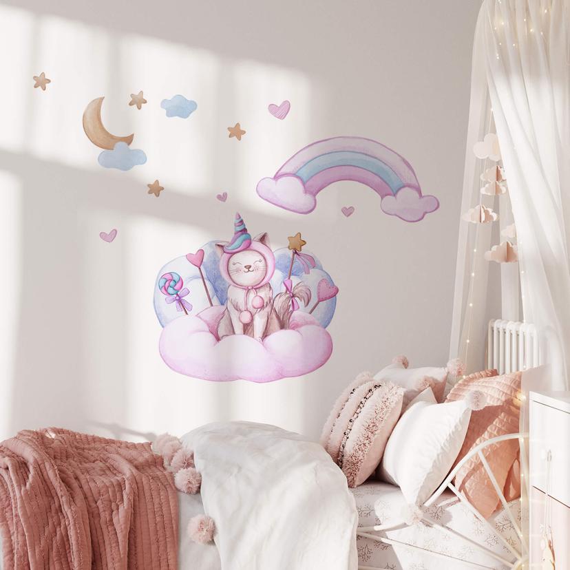 Muursticker set Thai - Eenhoorn Katje op een Wolk (14-delig)