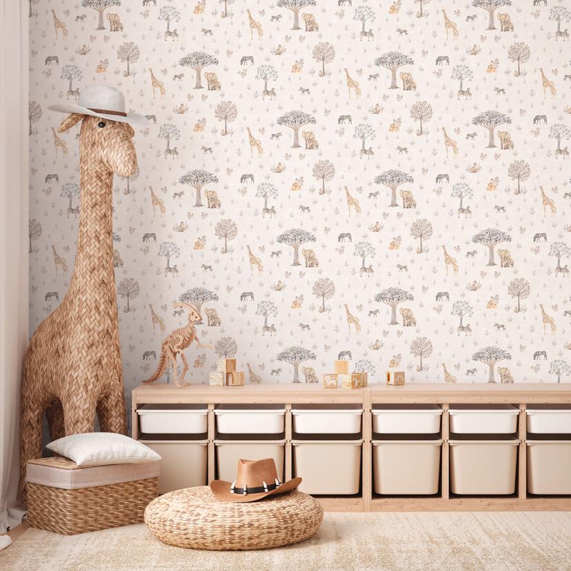 Safari tapet dyr beige farverig - Ikke-vævet tapet med giraf, zebra & elefant