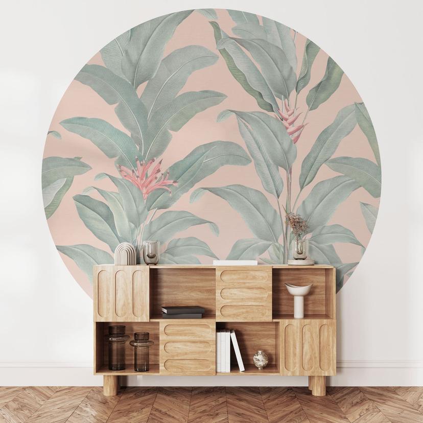 Fototapet Tropical Leaves Pink - blomsterdekoration - rund - selvklæbende/ikke-vævet