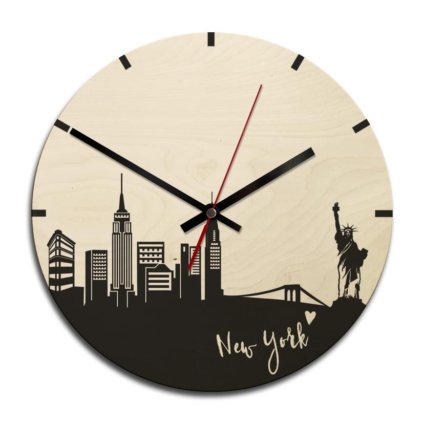 Horloge murale en bois - Skyline New York rond