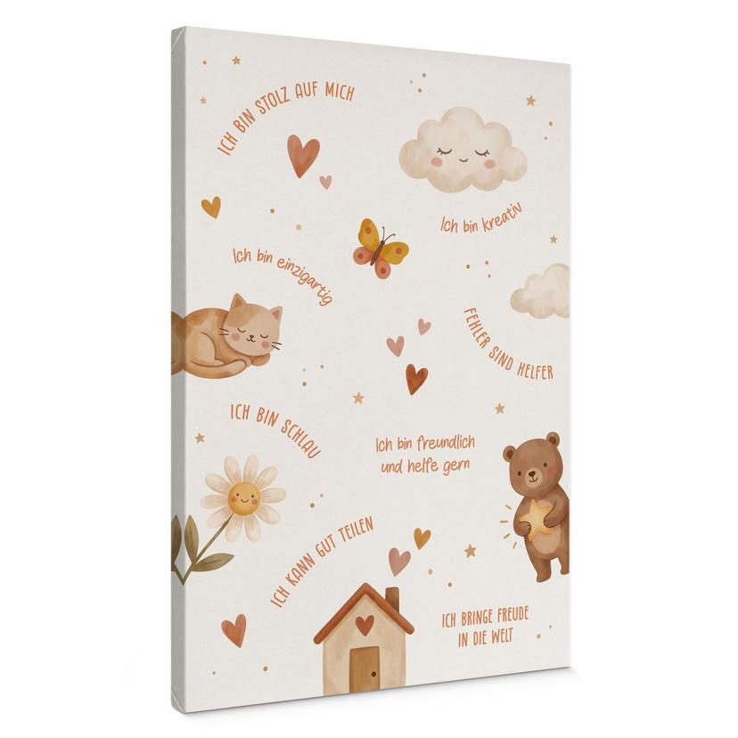 Leinwandbild - Affirmationen Happy mit Katze und Bär