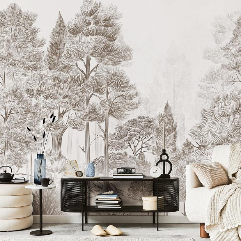 Bosbehang met boslandschap in beige - Ms Tiff