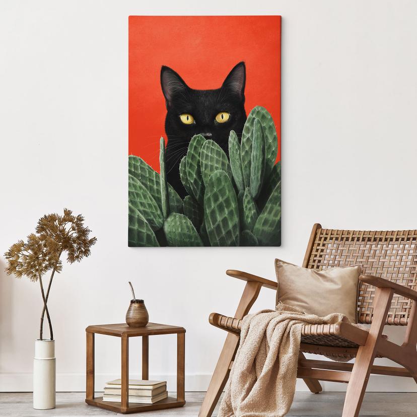 Canvas schilderij Zwarte Kat in het Cactusschuilplaats - Korenkova