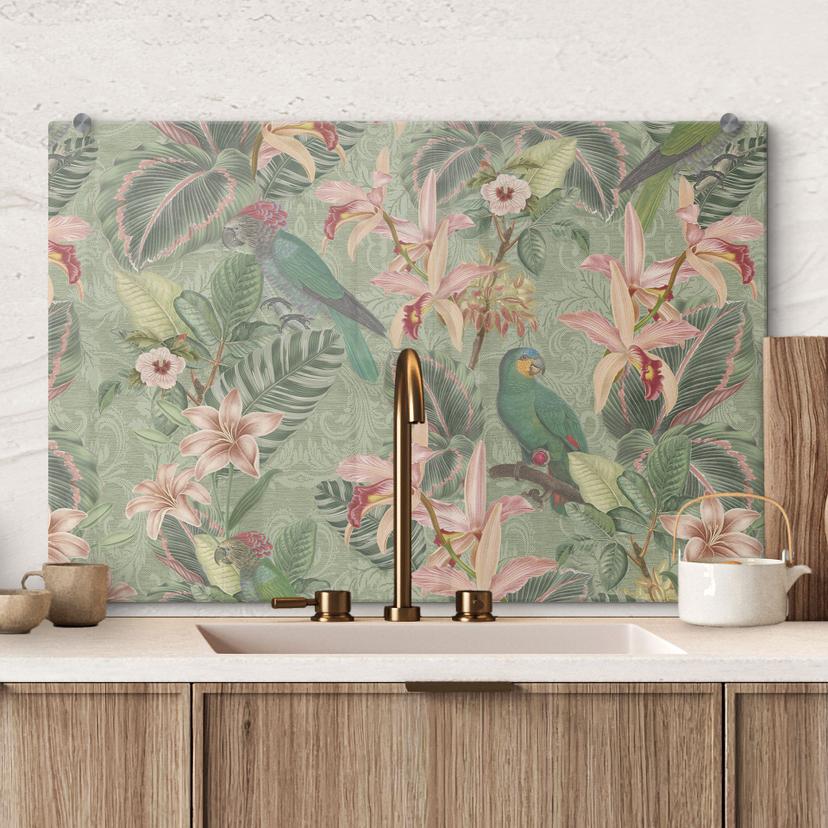 Crédence jungle avec perroquets verts - Bloomery Decor