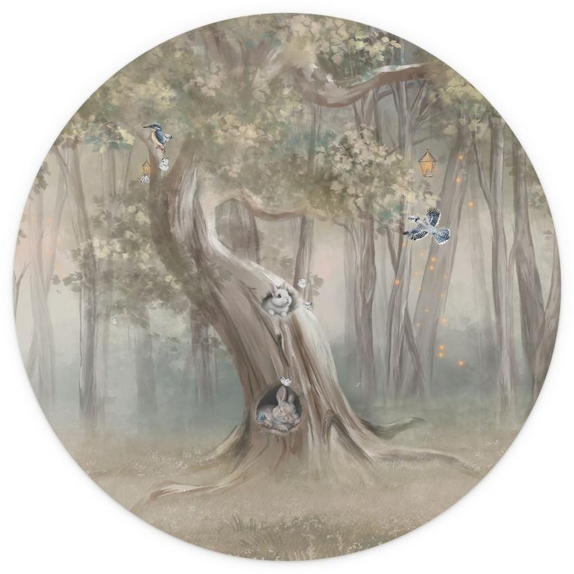 Fotobehang kinderkamer schattige bosdieren tussen bomen - Ms Tiff - rond - zelfklevend/niet-geweven