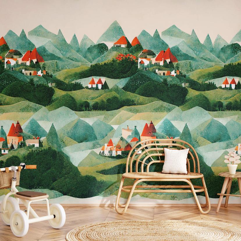 Fototapet Treechild - Small village in the middle of green hills