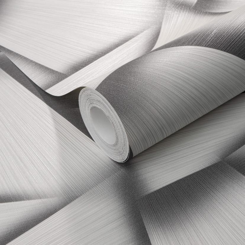 Papel pintado no tejido con formas geométricas y efecto metálico en gris