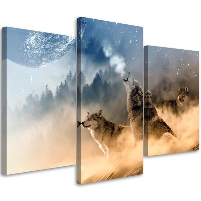 3 stykke lærredstryk, Wolf Dyr Forest Fog