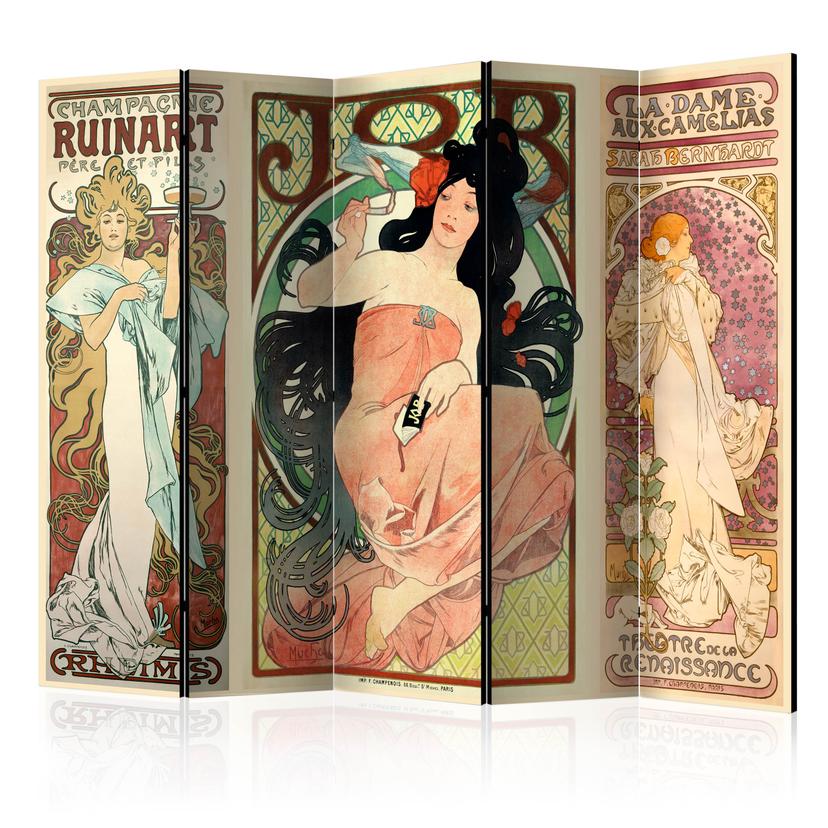 Skærm som rumdeler - Alphonse Mucha. Kvinder , 5-delt - 225x172 cm