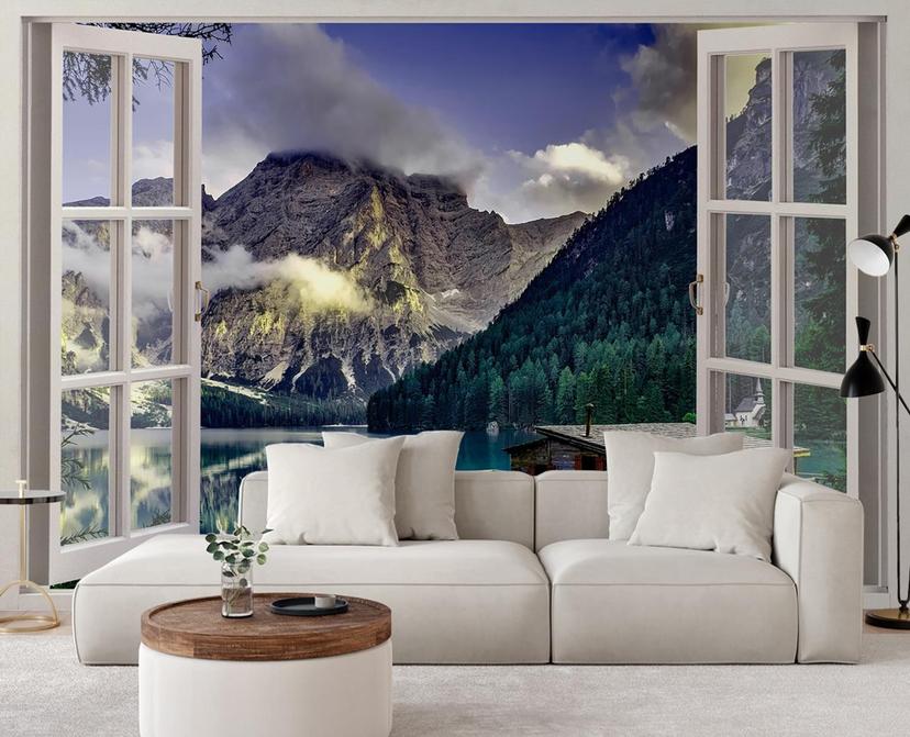 Fototapete Fensterblick See in den Bergen Natur