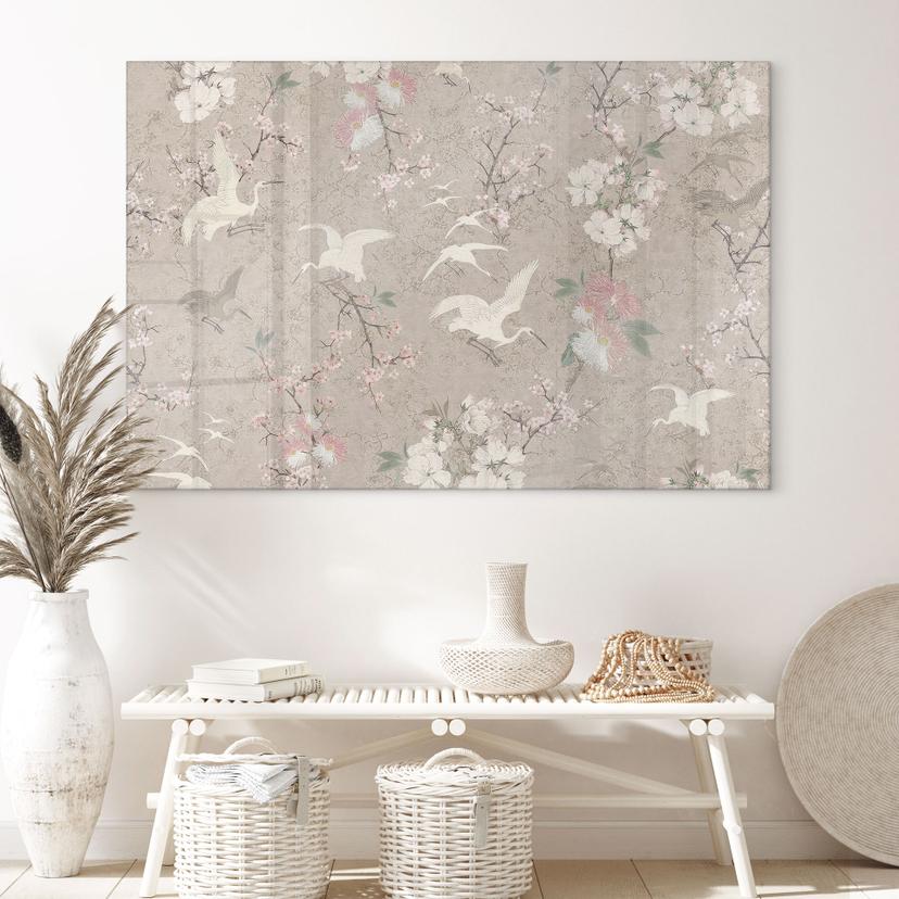 Immagine in vetro acrilico Cranes in Cherry Blossom Rush Beige - Bloomery Decor