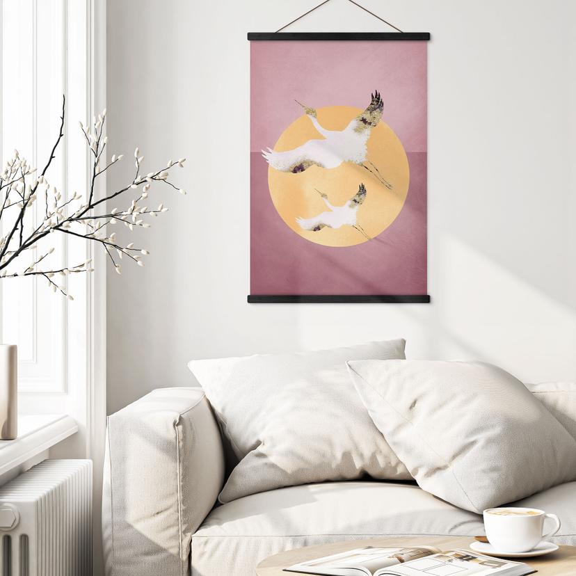 Poster tessile Gru bianche e oro in un cielo rosa - Aureous
