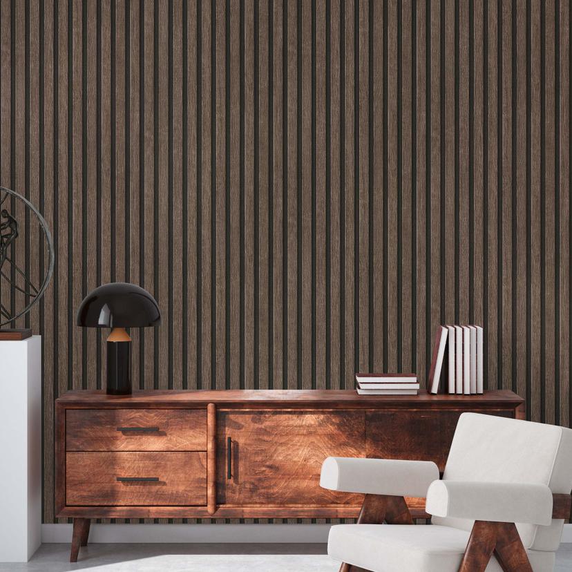 3D træpaneler non-woven tapet - Skandinavisk tapet med lameller af A.S. Creation Brown Black
