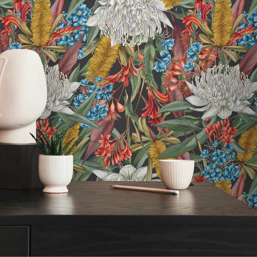 non-woven tapet med junglemønster sort grøn - tapet store blomster farverige