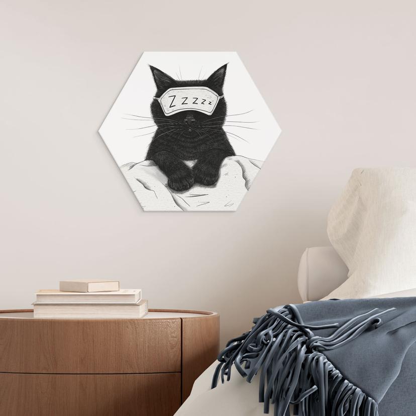Hexagon Wanddecoratie Zwarte Kat met Slaapmasker - Korenkova - Alu-Dibond