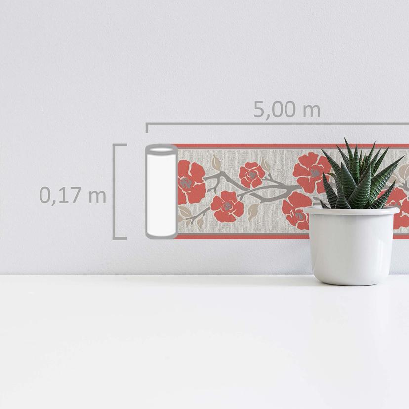 A.S. Création selbstklebende Bordüre Only Borders mit Blumen grau, rot, weiß