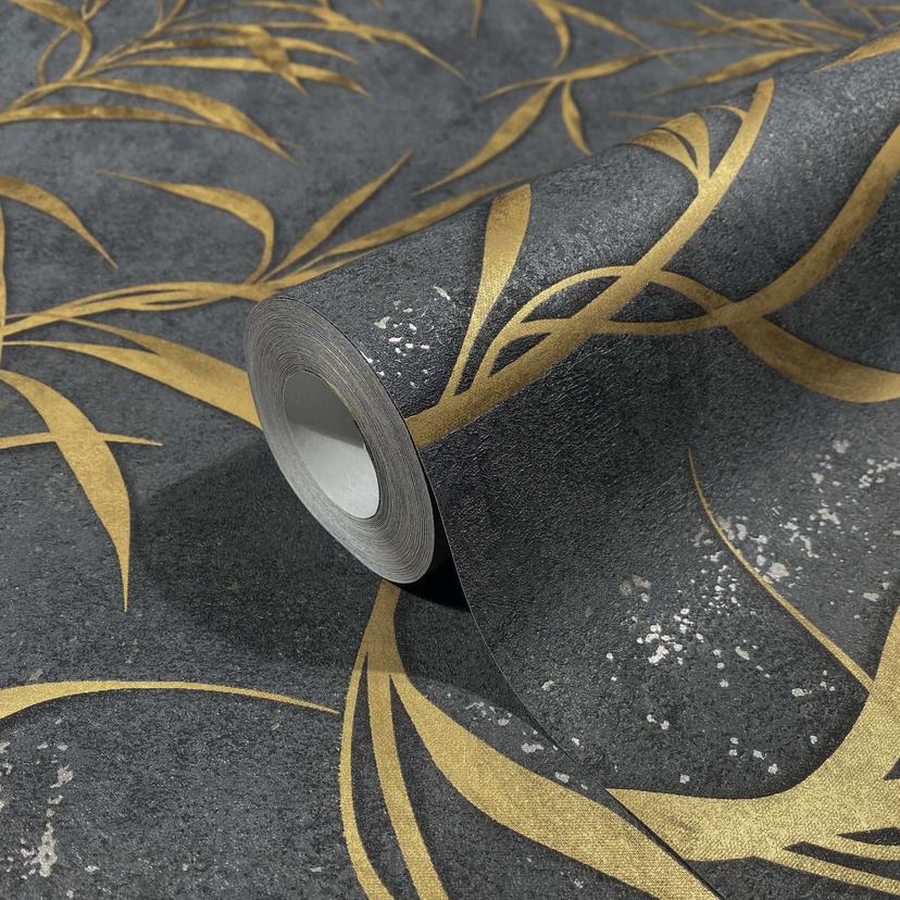 Papel pintado no tejido con hojas en hormigón de aspecto floral negro