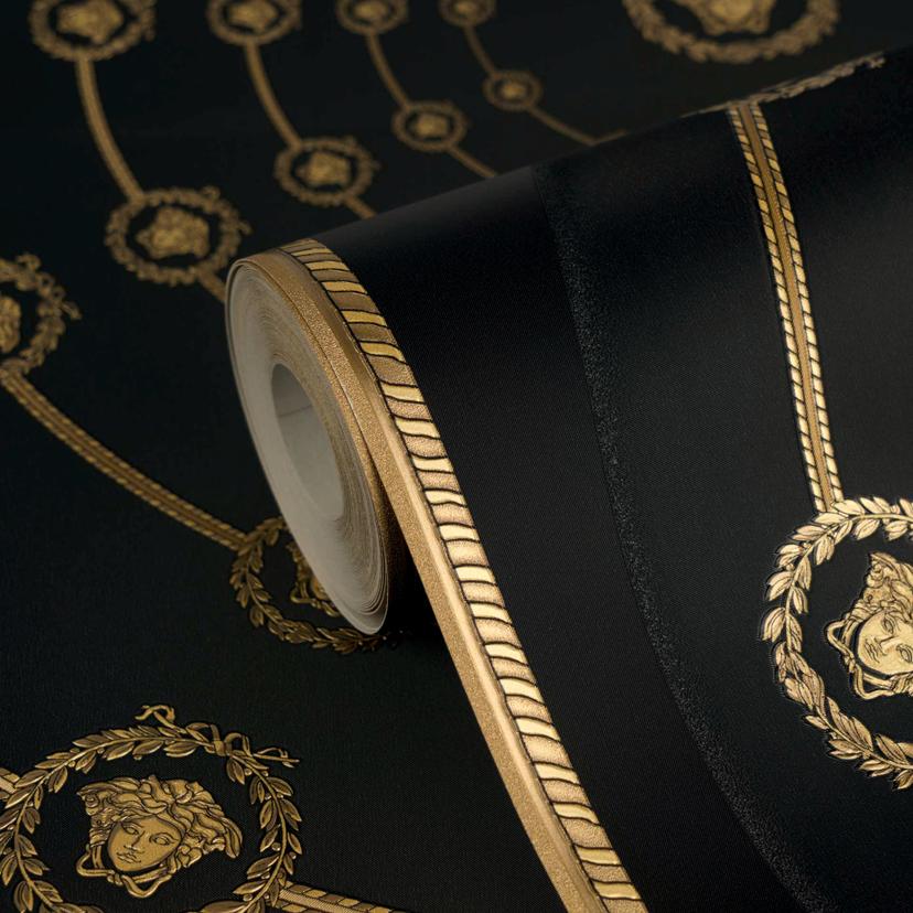 Versace Papel pintado no tejido I Love Baroque Medusa Circles Black Gold de lujo
