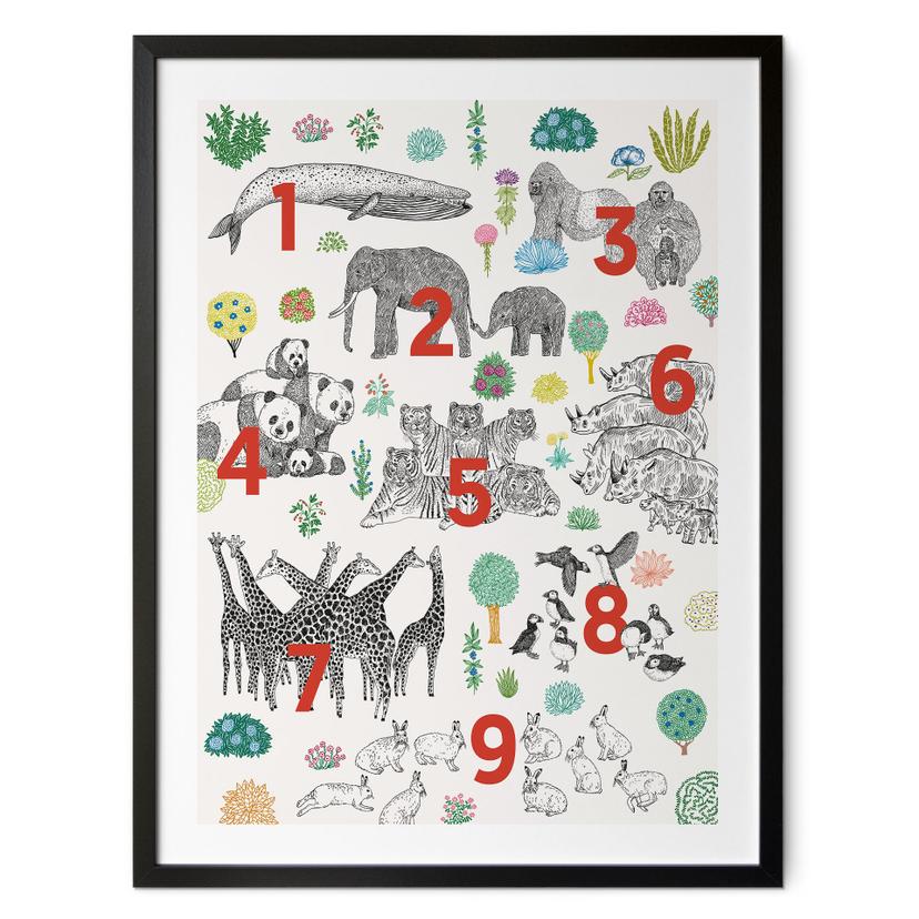 Ilustración de póster infantil de animales de zoológico con números - Walentynowicz
